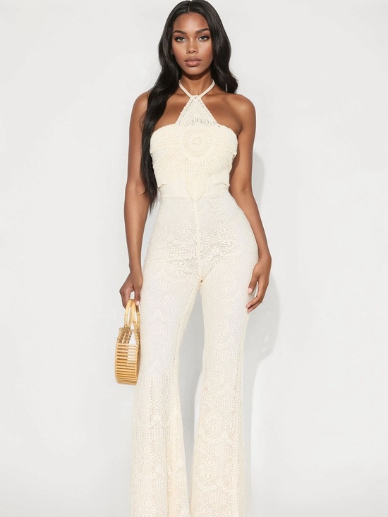 Fashion Nova Pants - Fashion Nova Cream Crocheted Halter Flare Jumpsuit